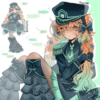 Rule 34 | 1girl, aqua hair, aqua necktie, arm up, black bow, black gloves, black hairband, black jacket, black shirt, black skirt, blind obsession (e.g.o), borrowed design, bow, braid, chibi, closed mouth, collared shirt, e.g.o (project moon), fishnet pantyhose, fishnets, gloves, gradient hair, hair bow, hairband, highres, ishmael (project moon), jacket, limbus company, long hair, long sleeves, looking at viewer, low twin braids, military lolita, moyuugo, multicolored hair, multiple views, necktie, open mouth, orange eyes, orange hair, pantyhose, project moon, reference inset, shirt, simple background, skirt, solo, twin braids, very long hair, white background