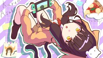Rule 34 | >:), 1girl, :o, animal, animal ear hood, animal ears, animal on head, asakura karen (heaven burns red), black hair, blunt bangs, boots, bow, bowtie, brown boots, cat, cat ears, cat on head, cat tail, character name, commentary, dutch angle, fake animal ears, fake tail, food, from above, full body, hair bobbles, hair ornament, handheld game console, heaven burns red, highres, holding, holding handheld game console, hood, hood up, hoodie, long hair, looking at viewer, looking up, low twintails, narby (heaven burns red), nintendo switch, o o, on head, open clothes, open hoodie, open mouth, orange hoodie, outline, paper, phant0m, pixel art inset, pizza, pizza slice, purple background, red bow, red bowtie, shirt, simple background, sitting, sleeves past wrists, solo, tail, twintails, v-shaped eyebrows, white cat, white outline, white shirt, wide-eyed, yellow eyes