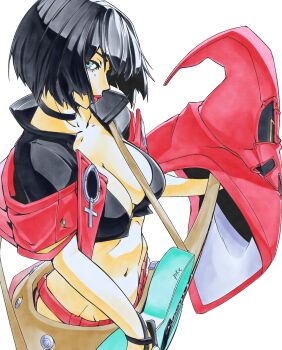 1girl arc_system_works black_hair breasts choker cleavage collarbone green_eyes guilty_gear guilty_gear_strive guitar hat highres i-no instrument large_breasts lipstick looking_at_viewer looking_to_the_side makeup midriff navel solo witch_hat