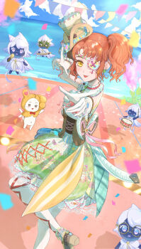 1girl absurdres ahoge animal arm_up art_of_tailoring_(infinity_nikki) back_ribbon blue_ribbon bow bowtie brown_corset brown_eyes brown_shoes cat choker cloak clothed_animal cloud corset cross-laced_clothes cross-laced_dress dancing day dress eyelashes eyepatch faewish_sprite foot_out_of_frame frilled_choker frilled_dress frills gloves hat high_heels highres hood hood_up hooded_cloak infinity_nikki kohanai_setsuna lake leg_up lolita_fashion medium_dress mini_hat mini_top_hat momo_(nikki) multicolored_dress navel nikki_(series) open_mouth orange_hair outdoors pantyhose patchwork_clothes pink_choker pumps red_bow red_bowtie ribbon shoes short_hair short_twintails smile solo_focus stage thumbs_up top_hat traditional_bowtie twintails whiskers white_cat white_gloves white_hat white_pantyhose yellow_cloak yellow_eyes