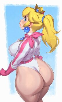 1girl absurdres adapted_costume ass ass_focus bandana bare_legs biker_clothes biker_peach bikesuit blonde_hair blue_eyes bodysuit breasts crown curvy earrings gloves highleg highleg_leotard highres huge_ass jewelry large_breasts leotard lips long_hair looking_at_viewer looking_back mario_(series) mario_kart mario_kart_wii mole mole_on_ass nintendo ponytail princess_peach riz skindentation solo sphere_earrings thick_lips thick_thighs thighs thong_leotard white_leotard wide_hips