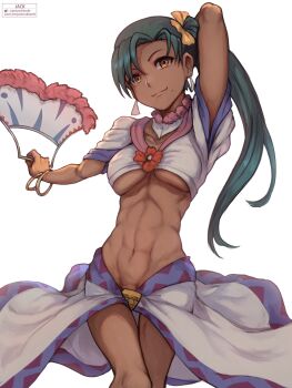 1girl arm_up artist_name bracelet breasts closed_mouth dark-skinned_female dark_skin earrings green_hair hand_fan highres holding holding_fan jack_rockhardt jean_(lunar) jewelry long_hair looking_at_viewer lunar lunar_2:_eternal_blue mole mole_under_mouth navel orange_eyes side_ponytail simple_background smile solo twitter_logo watermark web_address white_background