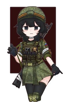 1girl ak-74m arm_ribbon assault_rifle bandage_choker bandaged_neck bandages black_boots black_eyes black_gloves black_hair black_thighhighs boots camouflage camouflage_helmet camouflage_jacket camouflage_skirt clothes_pull facial_scar gloves gun helmet highres jacket jephy_0 kalashnikov_rifle looking_at_viewer magazine_(weapon) military military_uniform miniskirt morale_patch original patch pulling_own_clothes r-chan ribbon ribbon_of_saint_george rifle russia russian_flag russo-ukrainian_war scar scar_on_cheek scar_on_face skirt skirt_pull sweatdrop tactical_gloves thighhighs thighs weapon white_ribbon z_(russian_symbol) zettai_ryouiki
