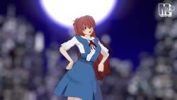 1girl 3d animated artist_request blue_eyes blush bodysuit breasts brown_hair cleavage dancing dress eyepatch highres long_hair mecha_pilot_suit medium_breasts mikumikudance_(medium) neon_genesis_evangelion night plugsuit_(evangelion) rebuild_of_evangelion red_bodysuit school_uniform skirt sky smile sound souryuu_asuka_langley sundress suspender_skirt suspenders tagme tokyo-3_middle_school_uniform video yellow_dress