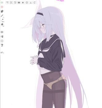 1girl art_program_in_frame black_choker black_pantyhose black_sailor_collar black_shirt blue_archive bow_hairband braid choker colored_inner_hair cropped_legs hairband halo loli long_hair long_sleeves multicolored_hair neckerchief okimiyage_(oitekuze_kore) panties pantyhose pink_hair plana_(blue_archive) sailor_collar school_uniform serafuku shirt side_braid simple_background solo two-tone_hair underwear white_background white_hair white_neckerchief