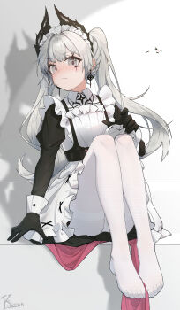 1girl absurdres ambience_synesthesia apron arknights black_dress black_gloves blush chinese_commentary closed_mouth commentary contrast_collar dress earrings embarrassed feet frilled_apron frills full_body gloves grey_hair highres irene_(arknights) irene_(voyage_of_feathers)_(arknights) jewelry knees_up kushaaaa4 long_hair looking_at_viewer maid maid_apron maid_headdress no_shoes official_alternate_costume pantyhose scar scar_across_eye scar_on_face sitting solo toes twintails white_apron white_pantyhose
