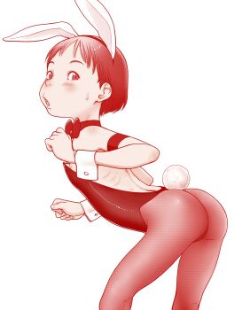 1girl animal_ears arm_strap ass bent_over blush bow bowtie fake_animal_ears flat_chest from_side highres leotard loli monochrome nipple_slip nipples open_mouth original pantyhose playboy_bunny rabbit_ears rabbit_tail red_theme riarutoruchokku ribs short_hair simple_background solo strapless strapless_leotard sweatdrop webp-to-png_conversion wedgie white_background wrist_cuffs