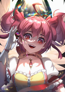 1girl absurdres angel_wings black_background bow bow_choker buttons center_frills chest_jewel chinese_commentary choker commentary_request cr_(q2286431763) dot_nose dress feathered_wings floating_hair frilled_dress frilled_sleeves frills gem gloves hair_bow highres holding holding_gem kaname_madoka kaname_madoka_(magical_girl) lens_flare light_blush light_rays lipstick looking_down magical_girl mahou_shoujo_madoka_magica mahou_shoujo_madoka_magica_(anime) makeup open_mouth partial_commentary pink_bow pink_dress pink_gemstone pink_hair pink_lips puffy_short_sleeves puffy_sleeves red_bow red_choker red_eyes red_ribbon ribbon short_hair short_sleeves short_twintails smile solo soul_gem sparkle spread_wings teeth twintails upper_body upper_teeth_only white_gloves white_sleeves white_wings wings yellow_pupils