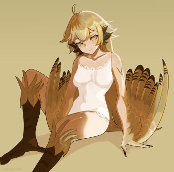 1girl absurdres ahoge animal_ears bird_ears bird_legs blonde_hair blush breasts brown_feathers brown_wings claws commentary covered_navel english_commentary feathered_wings feathers hair_between_eyes harpy highres long_hair looking_at_viewer medium_breasts monster_girl nightgown original sitting smile solo star-shaped_pupils star_(symbol) symbol-shaped_pupils talons twitter_username unreal_fish very_long_hair white_nightgown winged_arms wings yellow_background yellow_eyes