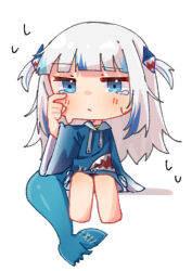 Rule 34 | 1girl, barefoot, blue eyes, blue hair, blue hoodie, blunt bangs, blush, chibi, chibi only, fins, fish tail, gawr gura, gawr gura (1st costume), gradient sleeves, grey hair, hair ornament, hololive, hololive english, hood, hoodie, invisible chair, kurushiro1102, long hair, long sleeves, multicolored hair, shark hair ornament, shark tail, sitting, solo, streaked hair, tail, tearing up, tears, two side up, virtual youtuber, wide sleeves, wiping tears