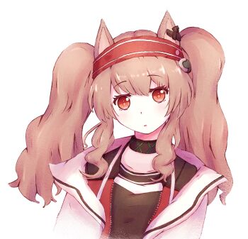 1girl angelina_(arknights) animal_ears arknights black_choker brown_hair choker coat collarbone commentary_request dot_nose earpiece expressionless fox_ears fox_girl hairband infection_monitor_(arknights) jacket light_blush light_frown long_hair long_sleeves looking_at_viewer multicolored_hairband open_clothes open_coat open_jacket orange_eyes partial_commentary red_hairband red_jacket reizouko simple_background solo striped_clothes striped_hairband twintails two-tone_hairband unzipped upper_body white_background white_coat