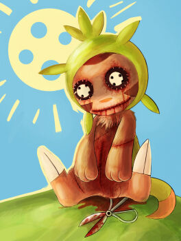 bleeding blood blood_on_face blood_on_scissors blue_sky chespin gen_6_pokemon gouged_eye guro highres injury nintendo no_eyes on_ground outdoors pokemon pokemon_(creature) pokemon_focus pool_of_blood sanpomodoro sitting sky stitched_arm stitched_eye stitched_face stitched_leg stitched_mouth stitched_torso stitches sun