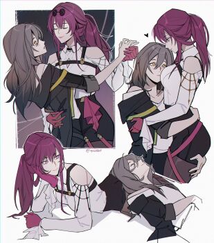 2girls black_jacket black_shorts closed_eyes closed_mouth clothing_cutout collared_shirt commentary dancing english_commentary gloves grey_hair hand_on_another&#039;s_thigh hand_on_another&#039;s_waist head_on_ass high-waist_shorts highres holding_hands honkai:_star_rail honkai_(series) jacket kafka_(honkai:_star_rail) long_hair multiple_girls off_shoulder pantyhose ponytail purple_eyes purple_gloves purple_hair purple_pantyhose quwellet shirt shorts shoulder_cutout smile stelle_(honkai:_star_rail) trailblazer_(honkai:_star_rail) white_shirt yellow_eyes yuri