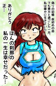 Rule 34 | 1girl, arms behind back, black eyes, bottomless, breasts, brown hair, character request, cleavage, highres, japanese text, large breasts, long hair, looking at viewer, midriff, navel, open mouth, smile, solo, tongue, torn clothes, translation request