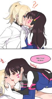 2girls age_difference blonde_hair blue_eyes blush bodysuit breasts brown_eyes brown_hair closed_eyes d.va_(overwatch) facial_mark female_focus french_kiss giji-p girl_on_top gloves hand_on_another&#039;s_face headphones kiss korean_text lab_coat long_hair mercy_(overwatch) multiple_girls overwatch overwatch_1 ponytail saliva surprise_kiss surprised tongue tongue_out translation_request turtleneck white_background yuri