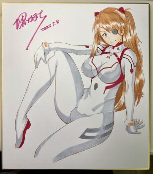 1girl 2022 arm_support blue_eyes bodysuit breasts closed_mouth curvy dated evangelion:_3.0+1.0_thrice_upon_a_time eyepatch hair_ornament highres indoors large_breasts leg_up long_hair looking_at_viewer marker_(medium) mecha_pilot_suit neon_genesis_evangelion orange_hair photo_(medium) plugsuit_(evangelion) rebuild_of_evangelion sakai_hamachi simple_background sitting smile solo souryuu_asuka_langley traditional_media very_long_hair wide_hips
