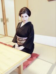 1girl 2015 asian black_eyes black_hair black_kimono closed_mouth female_focus highres indoors japanese_(nationality) japanese_clothes kimono kneeling looking_at_viewer makeup okita_anri photo_(medium) real_life table