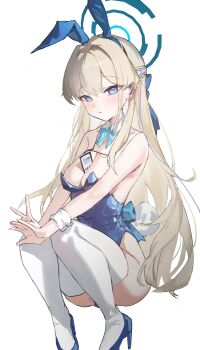 1girl animal_ear_hairband animal_ears bare_arms bare_shoulders between_breasts blonde_hair blue_archive blue_bow blue_bowtie blue_hairband blue_halo blue_leotard blue_shoes blush bow bowtie braid breasts detached_collar earpiece earrings fake_animal_ears hair_down hairband half_up_braid halo high_heels highleg highleg_leotard highres id_card jewelry leotard long_hair looking_at_viewer mal0 official_alternate_costume official_alternate_hairstyle parted_lips playboy_bunny rabbit_ear_hairband rabbit_ears shoes solo strapless strapless_leotard stud_earrings thighhighs toki_(blue_archive) toki_(bunny)_(blue_archive) v white_thighhighs wrist_cuffs