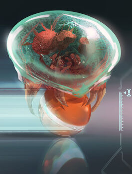 ! 1girl alien armor fangs full_armor gradient_background light_trail metroid metroid_(creature) morph_ball nintendo power_suit_(metroid) sammy_hall samus_aran third-party_source