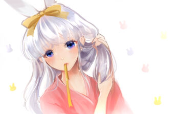 Rule 34 | 1girl, blue eyes, blush, bow, closed mouth, commentary request, gobaku no hito, grey hair, hair bow, holding, holding own hair, japanese clothes, kimono, long hair, looking at viewer, pink kimono, ragnarok masters, ragnarok online, simple background, solo, upper body, white background, yellow bow