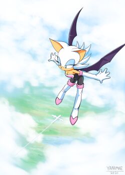 1girl 2021 above_clouds aircraft airplane animal_ears artist_name bat_ears bat_girl bat_wings blue_eyes blue_eyeshadow cloud eyeshadow from_above furry furry_female gloves highres looking_down makeup outdoors rouge_the_bat solo sonic_(series) white_gloves wings yanimae