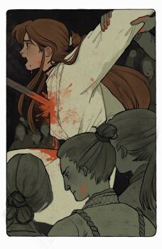4boys arm_held_back blood blood_on_clothes blood_on_face border brown_eyes brown_hair chinese_clothes crowd crying cursed_shackle dark_background from_behind hair_bun hair_ornament hanfu held_down highres horror_(theme) human_scabbard impaled long_sleeves male_focus multiple_boys official_art open_mouth ponytail profile restrained rounded_corners screaming single_hair_bun solo_focus spoilers sword tianguan_cifu topknot weapon white_border white_hanfu wide-eyed xie_lian yaroslava_murashko