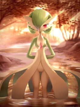 Rule 34 | 1girl, :3, absurdres, ancesra, arms behind back, artist name, blurry, blurry background, blush, bob cut, breasts, closed mouth, colored skin, english text, female focus, forest, gardevoir, gen 3 pokemon, gluteal fold, green skin, hair over one eye, half-closed eyes, happy, highres, light rays, looking at viewer, multicolored skin, nature, nintendo, outdoors, partially submerged, patreon username, pokemon, pokemon (creature), pussy, red eyes, ripples, short hair, small breasts, smile, solo, standing, straight-on, stream, sunlight, sunset, tree, two-tone skin, uncensored, wading, water, watermark, white skin