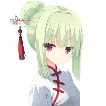 1girl absurdres alternate_costume alternate_hairstyle blunt_bangs blunt_ends china_dress chinese_clothes closed_mouth commentary_request dress eyes_visible_through_hair floral_print floral_print_dress hair_between_eyes hair_bun hair_intakes hair_ornament hair_stick highres kaon_zz looking_at_viewer making-of_available murasame_(senren) paid_reward_available print_dress red_eyes rose_print senren_banka sidelocks simple_background single_hair_bun smile solo split_mouth tassel tassel_hair_ornament tsurime upper_body white_background white_dress