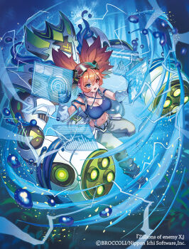 1girl alicia_zinnia_goodwill blue_eyes breasts cleavage commentary_request copyright_notice crop_top display electricity gloves goggles goggles_on_head grey_pants hair_between_eyes heterochromia madopen mecha midriff navel official_art open_mouth orange_hair pants red_eyes robot slime_(creature) solo teeth z/x