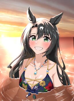 1girl abyss_kpn_(ki) animal_ears bare_shoulders bikini black_hair blue_bikini blush breasts cleavage collarbone commentary_request floral_print floral_print_bikini green_eyes grin hair_between_eyes highres horse_ears horse_girl jewelry large_breasts long_hair looking_at_viewer multicolored_hair necklace ocean official_alternate_costume official_alternate_hairstyle open_mouth outdoors partially_submerged print_bikini satono_crown_(sunny_island_splendor)_(umamusume) satono_crown_(umamusume) sky smile streaked_hair swimsuit teeth umamusume water wet white_hair