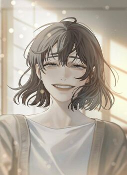 1girl ahoge black_hair blackbox_(blackbox9158) bob_cut cardigan grey_eyes grin half-closed_eyes han_sooyoung highres light_particles looking_at_viewer official_art omniscient_reader's_viewpoint shirt short_hair smile solo third-party_source upper_body white_shirt