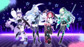 4girls ak-47 animal_ears aokumo_rin assault_rifle black_boots black_gloves black_pants black_thighhighs blue_eyes blue_hair boots cellphone fingerless_gloves fox_ears fox_girl fox_tail gloves green_eyes green_hair grey_hair gun hanako_nana handgun high_heel_boots high_heels holding holding_gun holding_microphone_stand holding_phone holding_sword holding_weapon jacket kalashnikov_rifle long_hair looking_at_viewer m1911 microphone_stand multiple_girls navel official_art open_clothes open_jacket open_mouth pants phone pink_hair purple_eyes purple_hair rifle second-party_source smartphone smile standing standing_on_one_leg stellive stomach sword tail tenko_shibuki thigh_boots thighhighs very_long_hair virtual_youtuber weapon yellow_eyes yuzuha_riko zetto023