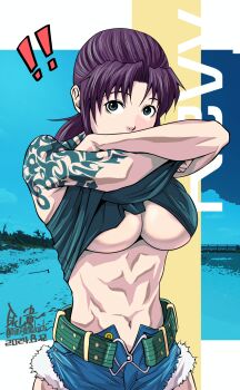 Rule 34 | !, !!, 1girl, abs, artist name, belt, black lagoon, black tank top, breasts, brown hair, clothes lift, crop top, cutoffs, denim, denim shorts, fur-trimmed shorts, fur trim, grey eyes, highres, large breasts, long hair, midriff, mimiyama kiichi, muscular, muscular female, navel, ponytail, revy (black lagoon), shirt lift, short shorts, shorts, shoulder tattoo, tank top, tattoo, tribal tattoo, underboob, undressing