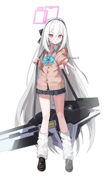 1girl aqua_bow aqua_bowtie black_hairband black_shoes black_skirt blue_archive bow bowtie brown_cardigan cardigan commentary_request double-parted_bangs fingernails foreshortening full_body gun_sling gyaru gyaru_v hair_between_eyes hairband halo highres jjigong_chigon kei_(blue_archive) kei_(new_body)_(blue_archive) kogal long_hair long_hair_between_eyes looking_at_viewer loose_bowtie loose_socks miniskirt nail_polish open_collar pleated_skirt railgun school_uniform shoes simple_background skirt socks solo straight_hair v very_long_hair white_background white_hair white_socks