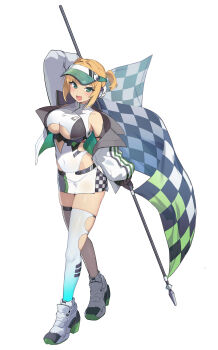 1girl :d absurdres aqua_thighhighs breasts checkered_flag cleavage cleavage_cutout clothing_cutout commentary covered_navel flag full_body gradient_thighhighs green_eyes green_hat hat highres holding holding_flag leotard looking_at_viewer open_mouth original race_queen ryou_(ponpgo) shoes simple_background smile sneakers standing thighhighs tongue underboob visor_cap white_background white_leotard white_shoes white_thighhighs