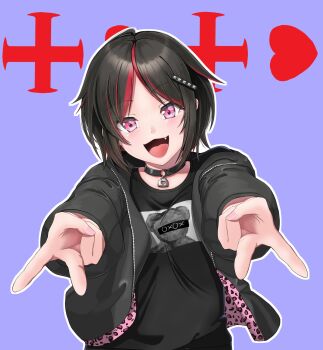 1girl :3 animal_print black_collar black_hair black_jacket black_shirt collar double_gyaru_v double_v fang gyaru_v hair_ornament heart highres jacket kabe_ni_hijiki kazamatsuri_asahi laugh_diamond leopard_print lock long_sleeves looking_at_viewer multicolored_hair open_clothes open_jacket open_mouth padlock padlocked_collar print_shirt purple_background reaching reaching_towards_viewer red_hair shine_post shirt short_hair solo upper_body v