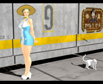 1girl arms_behind_back bracelet breasts cat dress green_hair hat high_heels jewelry kill_the_king legs shoes short_hair solo