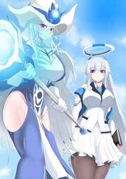 2girls absurdres black_pantyhose blue_archive blue_necktie book boots breasts clothing_cutout collared_shirt commentary_request dress duel_monster formal_clothes grey_hair hair_between_eyes halo hat headphones highres hip_vent holding holding_book holding_scepter jacket korean_commentary large_breasts long_hair long_sleeves looking_at_viewer mechanical_halo multiple_girls necktie noa_(blue_archive) pantyhose pink_eyes purple_eyes scepter shirt sidelocks silent_magician skirt smile suit tales_worker two-sided_fabric two-sided_jacket very_long_hair white_dress white_hair white_halo white_jacket white_shirt white_skirt white_suit wizard_hat yu-gi-oh!