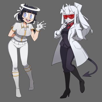 2girls :d angel arm_behind_back azazel_(helltaker) black_boots black_hair black_necktie boots collared_shirt cross cross_necklace demon_girl demon_horns demon_tail dual_persona flowerpigeon gloves goggles grey_background hair_ribbon hairband halo hand_on_own_chin helltaker high_heel_boots high_heels highres horns jewelry long_hair loremaster_(helltaker) multiple_girls necklace necktie open_mouth pants ponytail red-tinted_eyewear red_shirt ribbon round_teeth shirt short_hair sidelocks simple_background smile standing tail teeth tinted_eyewear upper_teeth_only very_long_hair vest waistcoat waving white_gloves white_hairband white_pants white_ribbon