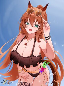 1girl absurdres animal_ears bare_shoulders bikini black_bikini blush bracelet breasts brown-tinted_eyewear brown_hair chain cleavage collarbone eyewear_on_head flower gold_chain gold_necklace green_eyes hair_between_eyes heart heart-shaped_eyewear highres horse_ears horse_girl horse_tail jewelry juupran large_breasts long_hair looking_at_viewer maruzensky_(hot_summer_night)_(umamusume) maruzensky_(umamusume) navel necklace official_alternate_costume open_mouth orange-tinted_eyewear ruffle_bikini smile solo sunglasses swimsuit tail tinted_eyewear umamusume white-framed_eyewear