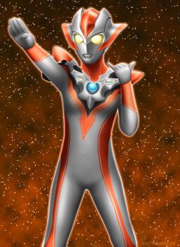 1girl absurdres alien arm_up armor black_skin breasts color_timer colored_skin commentary compound_eyes cowboy_shot giant giantess glowing glowing_eyes hand_up hetareman highres legs_apart looking_ahead multicolored_skin orange_background orange_skin orange_theme pinky_out pointy_ears shaka_sign shoulder_armor silver_skin small_breasts solo standing star_(sky) starry_sky_background tokusatsu toned toned_female twitter_username ultra_series ultraman_r/b ultrawoman_grigio yellow_eyes