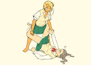 2girls blonde_hair catfight fujita_kakuji jiu-jitsu multiple_girls skirt smile tagme wrestling