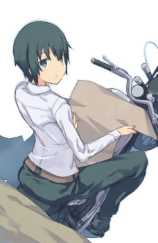 1girl auru_t belt dress_shirt female_focus hermes highres image_sample kino kino_no_tabi looking_at_viewer looking_back motor_vehicle motorcycle pants paper pixiv_sample resized shirt short_hair simple_background sitting solo tomboy