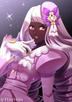 Rule 34 | 1girl, ascot, dark-skinned female, dark skin, dress, fascinator, frilled ascot, frills, glove bow, gloves, hartesa, highres, jacinthe (pokemon), juliet sleeves, long hair, long sleeves, looking at viewer, low drills, mega stone, nintendo, open mouth, pokemon, pokemon legends: z-a, puffy sleeves, purple dress, purple eyes, purple hair, smile, solo, sparkle, very dark skin, white gloves
