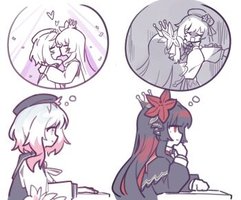 2girls beret black_hair black_hat commentary_request crown flower from_side ginyuni hair_flower hair_ornament hat heart imagining implied_yuri kiss korean_commentary long_hair long_sleeves mahou_shoujo_no_majo_saiban multicolored_hair multiple_girls murder nikaido_hiro pink_eyes pink_hair profile red_eyes red_flower sakuraba_ema short_hair simple_background smile speech_bubble spoilers strangling thought_bubble white_background white_hair x_x