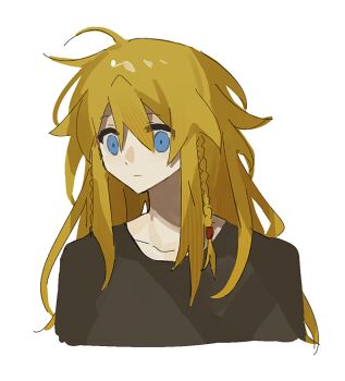 Rule 34 | 1boy, anonymous1203, blonde hair, blue eyes, braid, brown shirt, closed mouth, collarbone, epic battle fantasy, expressionless, long hair, male focus, matt (epic battle fantasy), portrait, shirt, side braids, simple background, upper body, white background