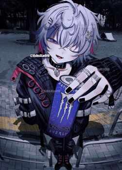 1boy alternate_costume arm_up artist_name black_choker black_jacket black_pants can choker commentary foreshortening full_body fuwa_minato grey_hair hair_between_eyes hair_ornament hairclip highres holding holding_can jacket long_sleeves looking_at_viewer male_focus monster_energy multicolored_hair nijisanji one_eye_closed outstretched_arm pants purple_eyes screenshot_background short_hair solo streaked_hair symbol-only_commentary virtual_youtuber x_hair_ornament xdoxa89
