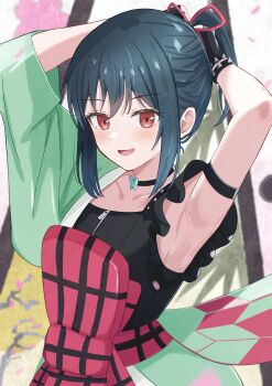 1girl absurdres armpits arms_up azakura_(beniyomogi) black_choker black_hair blush butterfly_choker choker collarbone commentary_request fang highres itoshiki_yume_yo_izanaite japanese_clothes looking_at_viewer love_live! love_live!_nijigasaki_high_school_idol_club love_live!_nijigasaki_high_school_idol_club_the_movie_-_finale mifune_shioriko official_alternate_costume open_mouth ponytail presenting_armpit red_eyes short_hair sidelocks smile solo zipper_pull_tab