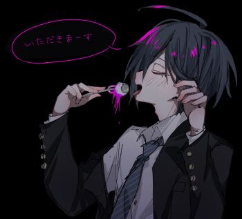 1boy black_hair black_jacket blood blue_necktie blush collared_shirt danganronpa_(series) danganronpa_v3:_killing_harmony eyeball fork hair_between_eyes highres hlt_in holding holding_fork jacket long_sleeves male_focus necktie off_shoulder open_clothes open_mouth pink_blood profile saihara_shuichi shirt simple_background solo speech_bubble striped_clothes striped_necktie tongue tongue_out translation_request upper_body white_shirt