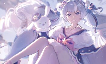 1girl 1other absurdres aqua_hair blue_gloves blush bonnet bow commentary_request feet_out_of_frame fur-trimmed_kimono fur_trim giant_brush gloves gradient_hair hair_between_eyes hair_bow hair_ornament hair_ribbon hatsune_miku highres japanese_clothes kimono long_hair long_sleeves looking_at_viewer mikandorobocity multicolored_hair official_alternate_costume official_alternate_hairstyle pink_hair pink_kimono pom_pom_(clothes) rabbit rabbit_yukine ribbon smile sun_hair_ornament twintails very_long_hair vocaloid yuki_miku yuki_miku_(2023)
